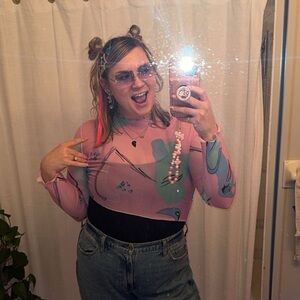 Abstract Sheer colorful Y2K Style Long Sleeve Crop Top